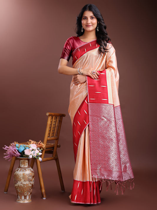 Astita Orange & Maroon Lichi Silk Saree with Rich Zari Pallu & Tassels – Soft Festive Wear Saree for Women