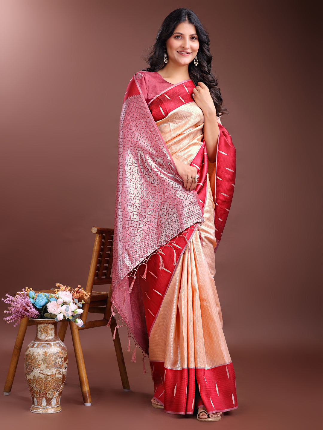 Astita Orange & Maroon Lichi Silk Saree with Rich Zari Pallu & Tassels – Soft Festive Wear Saree for Women