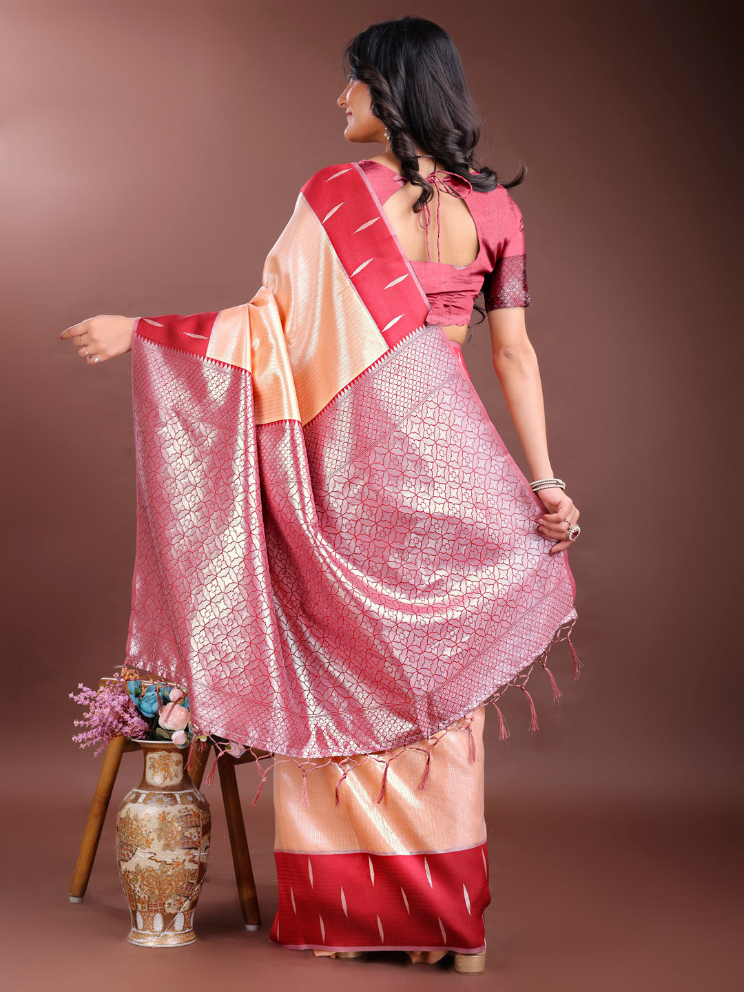 Astita Orange & Maroon Lichi Silk Saree with Rich Zari Pallu & Tassels – Soft Festive Wear Saree for Women