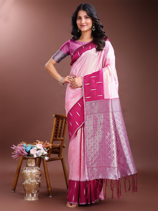 Astita Light Pink & Magenta Lichi Silk Saree with Rich Zari Pallu & Tassels – Soft Festive Wear Saree for Women