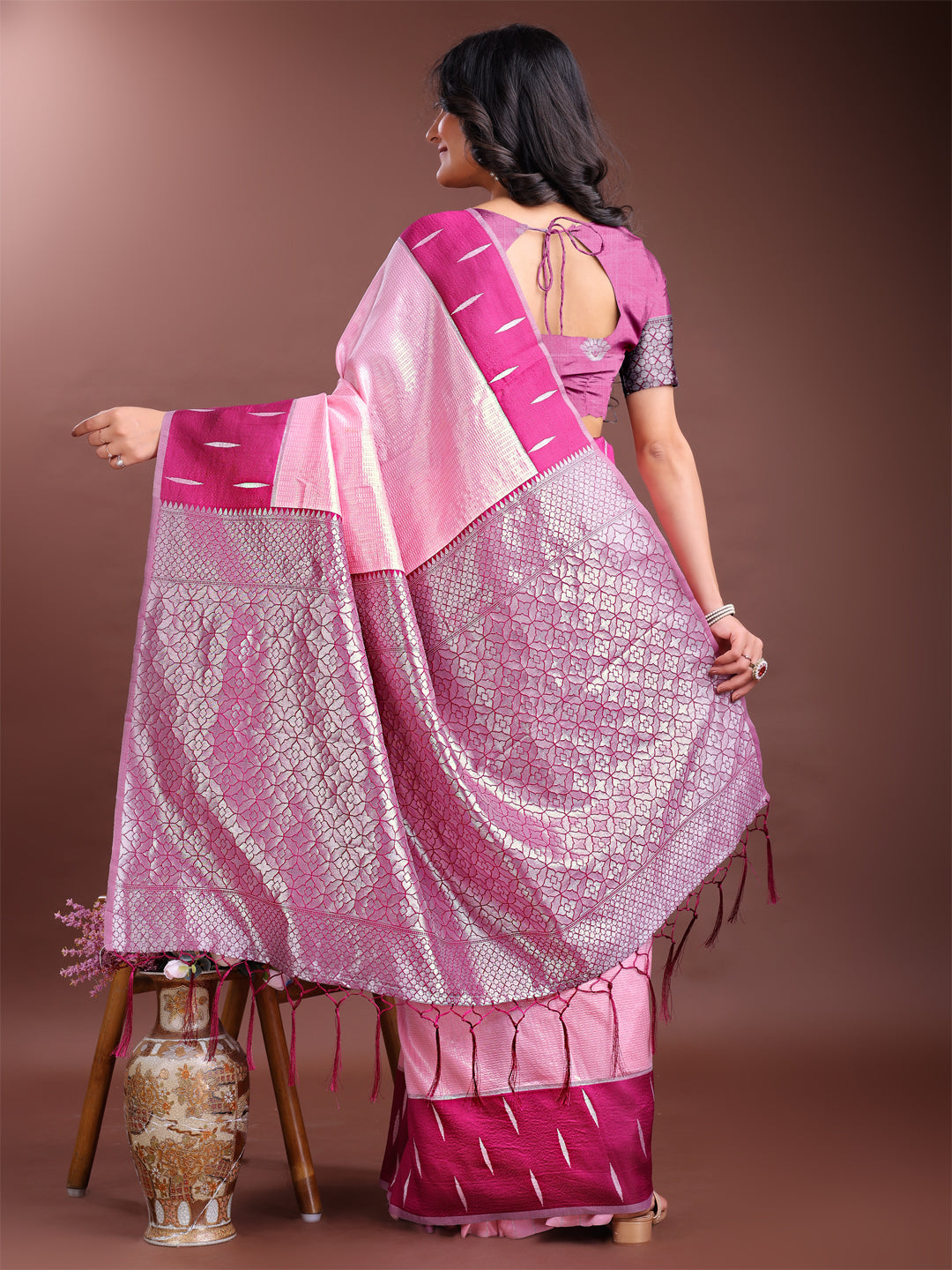 Astita Light Pink & Magenta Lichi Silk Saree with Rich Zari Pallu & Tassels – Soft Festive Wear Saree for Women