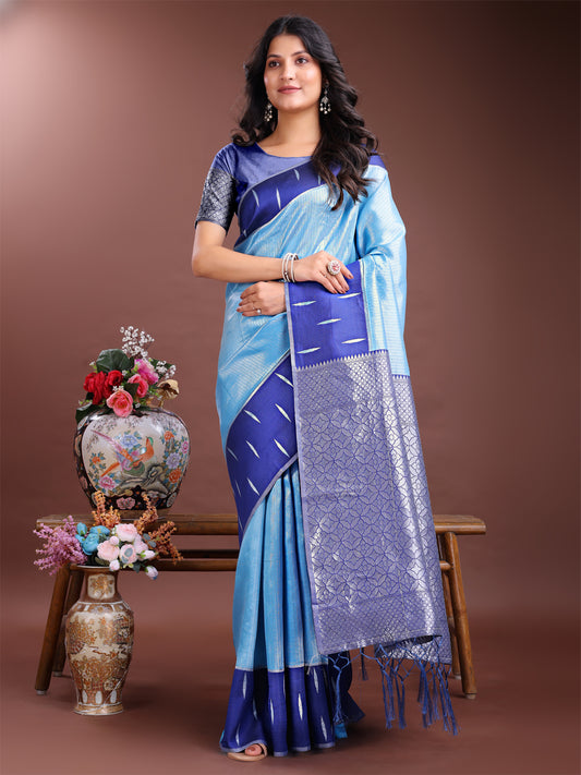 Astita Sky Blue & Blue Lichi Silk Saree with Rich Zari Pallu & Tassels – Soft Festive Wear Saree for Women