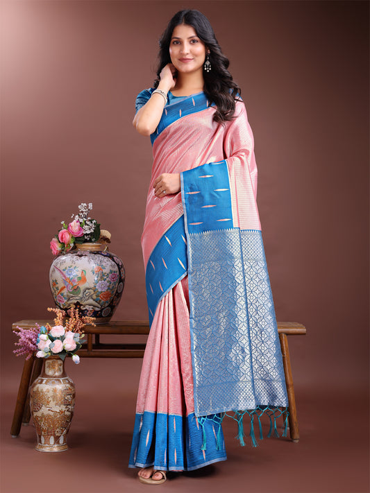 Astita Peach & Sky Blue Lichi Silk Saree with Rich Zari Pallu & Tassels – Soft Festive Wear Saree for Women