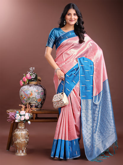Astita Peach & Sky Blue Lichi Silk Saree with Rich Zari Pallu & Tassels – Soft Festive Wear Saree for Women
