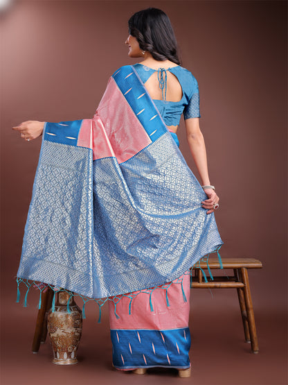 Astita Peach & Sky Blue Lichi Silk Saree with Rich Zari Pallu & Tassels – Soft Festive Wear Saree for Women