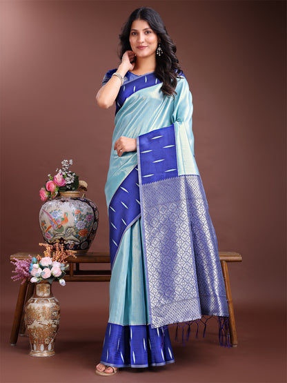 Astita Sea Green & Blue Lichi Silk Saree with Rich Zari Pallu & Tassels – Soft Festive Wear Saree for Women