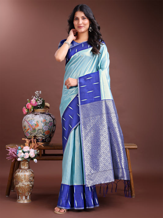 Astita Sea Green & Blue Lichi Silk Saree with Rich Zari Pallu & Tassels – Soft Festive Wear Saree for Women