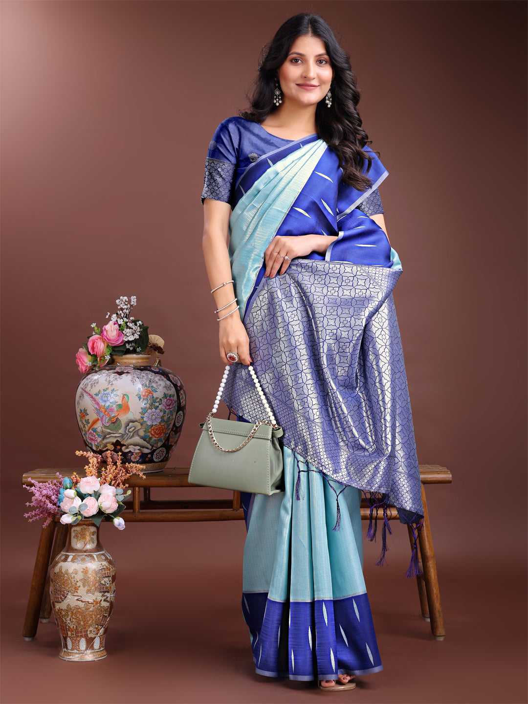 Astita Sea Green & Blue Lichi Silk Saree with Rich Zari Pallu & Tassels – Soft Festive Wear Saree for Women