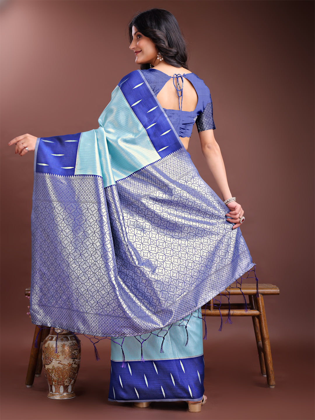 Astita Sea Green & Blue Lichi Silk Saree with Rich Zari Pallu & Tassels – Soft Festive Wear Saree for Women