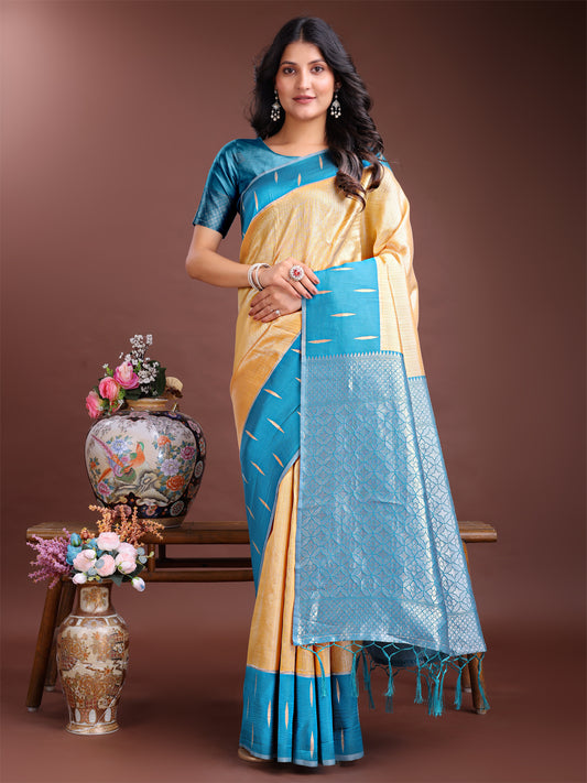 Astita Yellow & Sky Blue Lichi Silk Saree with Rich Zari Pallu & Tassels – Soft Festive Wear Saree for Women