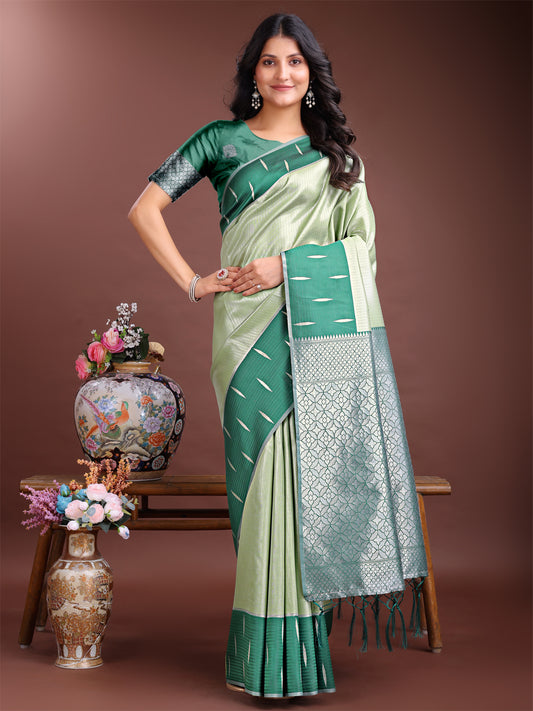 Astita Light Green & Green Lichi Silk Saree with Rich Zari Pallu & Tassels – Soft Festive Wear Saree for Women
