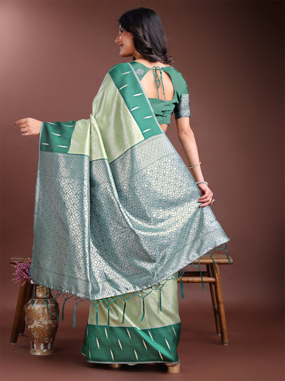 Astita Light Green & Green Lichi Silk Saree with Rich Zari Pallu & Tassels – Soft Festive Wear Saree for Women