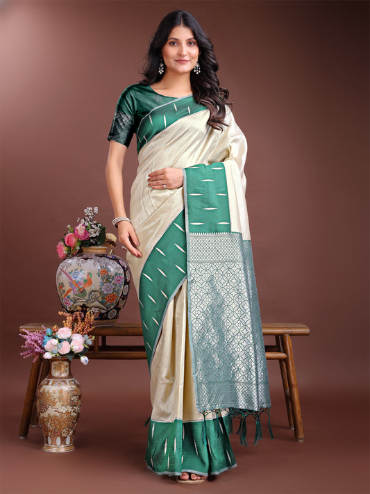 Astita Cream & Green Lichi Silk Saree with Rich Zari Pallu & Tassels – Soft Festive Wear Saree for Women