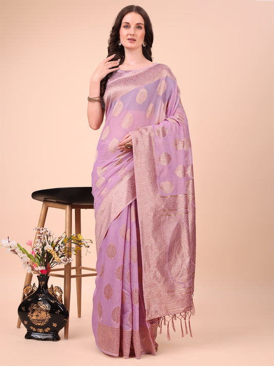 Astita Elegant Pink Banarasi Cotton Saree with Zari Leaf Motifs and Rich Pallu – Traditional Indian Saree for Festive & Wedding Wear