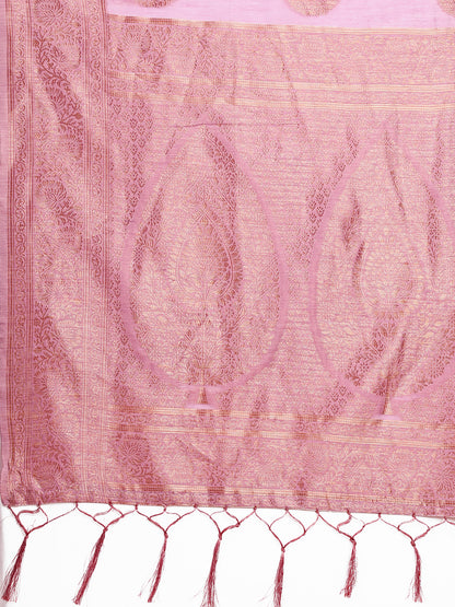 Astita Elegant Pink Banarasi Cotton Saree with Zari Leaf Motifs and Rich Pallu – Traditional Indian Saree for Festive & Wedding Wear