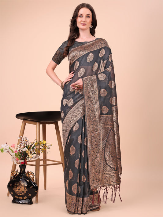 Astita Elegant Black Banarasi Cotton Saree with Zari Leaf Motifs and Rich Pallu – Traditional Indian Saree for Festive & Wedding Wear