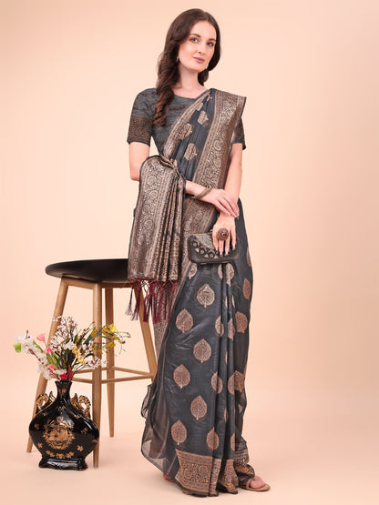Astita Elegant Black Banarasi Cotton Saree with Zari Leaf Motifs and Rich Pallu – Traditional Indian Saree for Festive & Wedding Wear