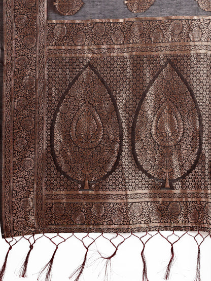 Astita Elegant Black Banarasi Cotton Saree with Zari Leaf Motifs and Rich Pallu – Traditional Indian Saree for Festive & Wedding Wear