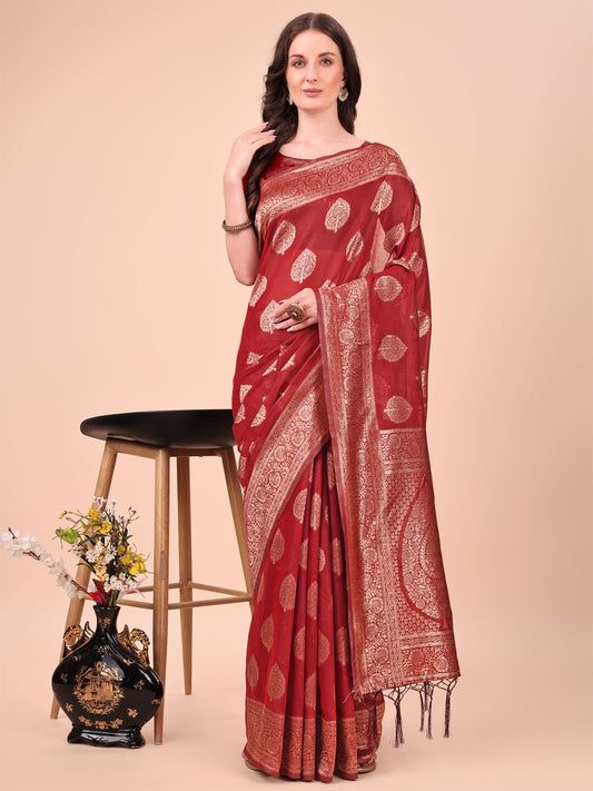 Astita Elegant Maroon Banarasi Cotton Saree with Zari Leaf Motifs and Rich Pallu – Traditional Indian Saree for Festive & Wedding Wear