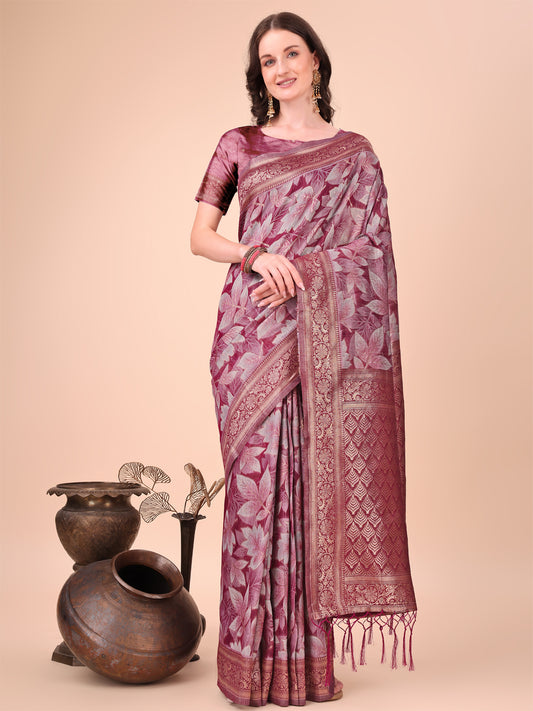 Elegant  Purple Cotton Silk Saree with Floral Design & Rich Pallu