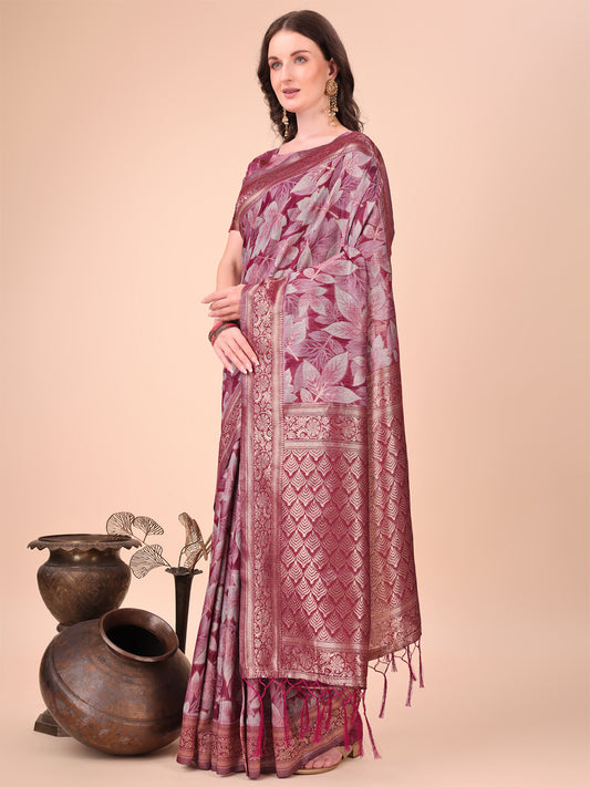 Elegant  Purple Cotton Silk Saree with Floral Design & Rich Pallu
