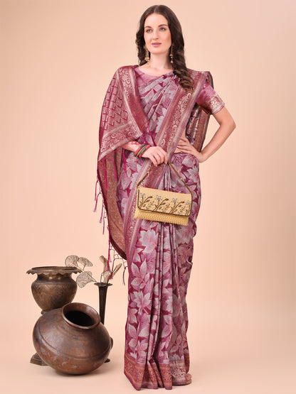 Elegant  Purple Cotton Silk Saree with Floral Design & Rich Pallu