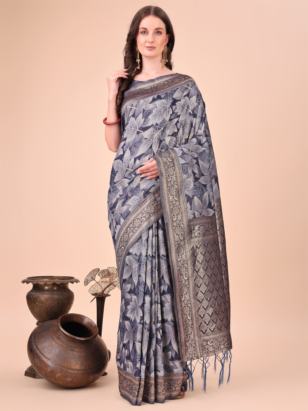 Elegant Navy Blue Cotton Silk Saree with Floral Design & Rich Pallu