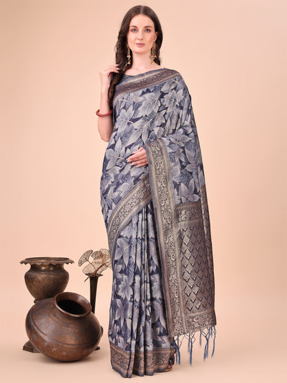 Elegant Navy Blue Cotton Silk Saree with Floral Design & Rich Pallu