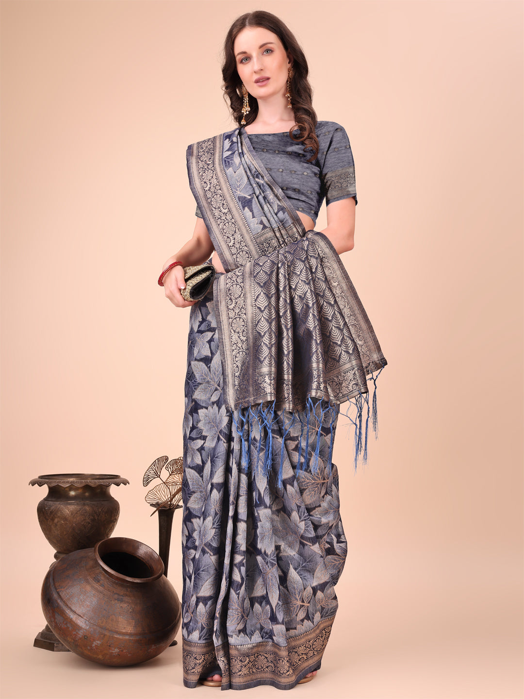 Elegant Navy Blue Cotton Silk Saree with Floral Design & Rich Pallu