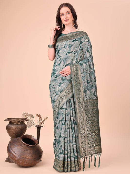 Elegant Green Cotton Silk Saree with Floral Design & Rich Pallu – Festive & Wedding Wear