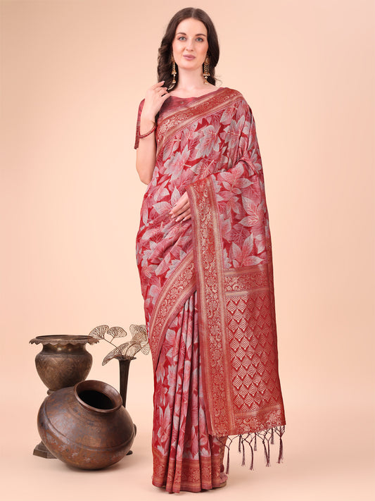 Elegant Red Cotton Silk Saree with Floral Design & Rich Pallu