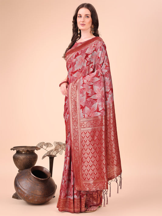 Elegant Red Cotton Silk Saree with Floral Design & Rich Pallu