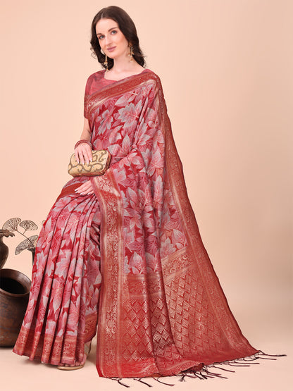 Elegant Red Cotton Silk Saree with Floral Design & Rich Pallu