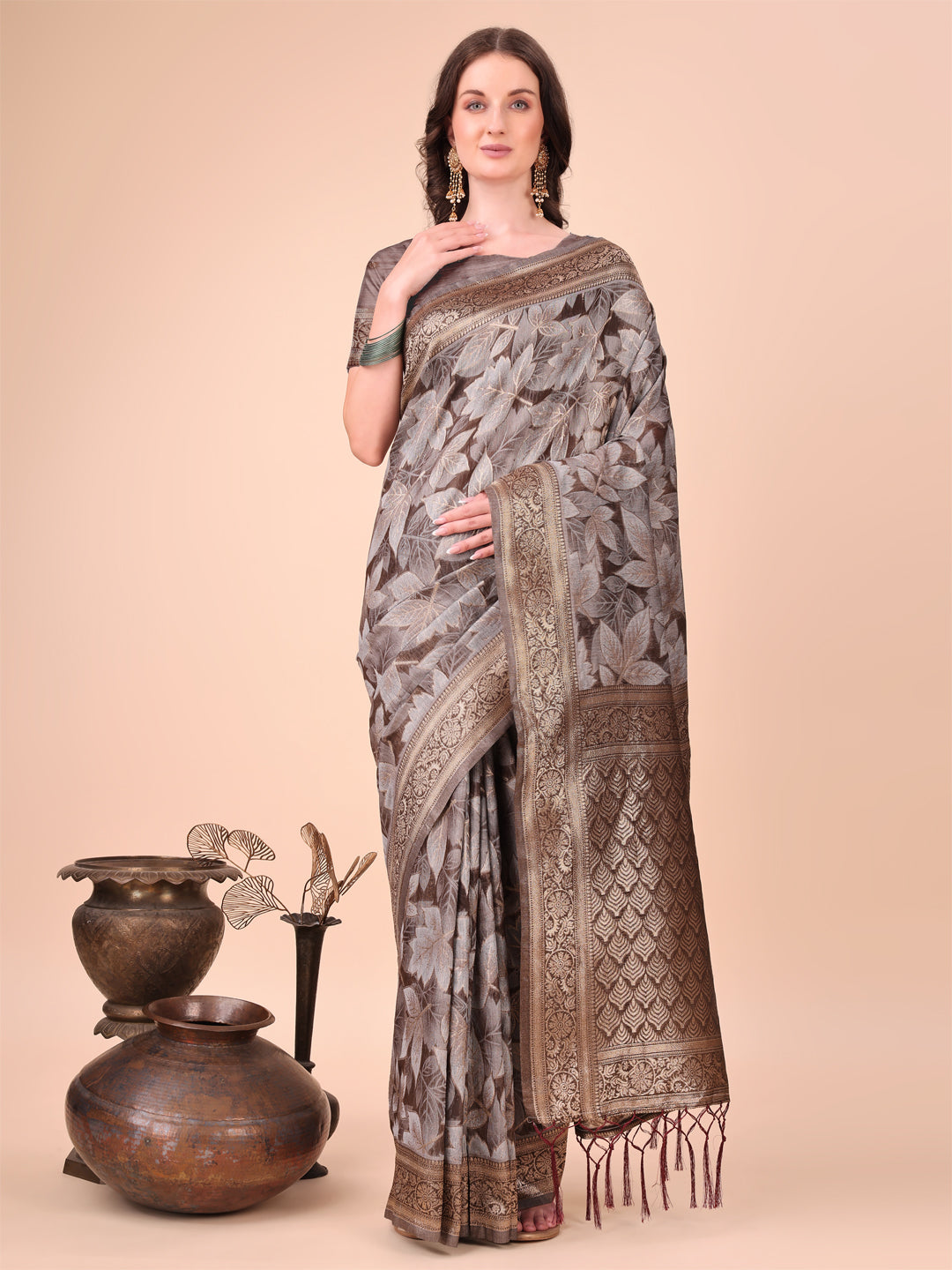 Elegant Brown Cotton Silk Saree with Floral Design & Rich Pallu