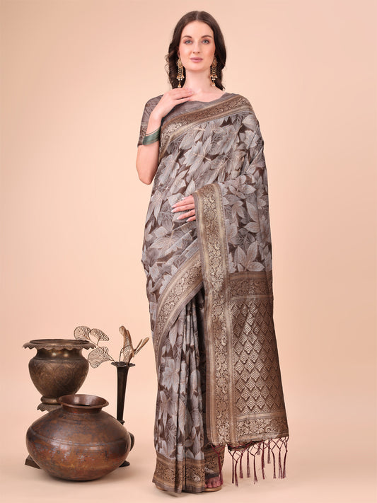 Elegant Brown Cotton Silk Saree with Floral Design & Rich Pallu
