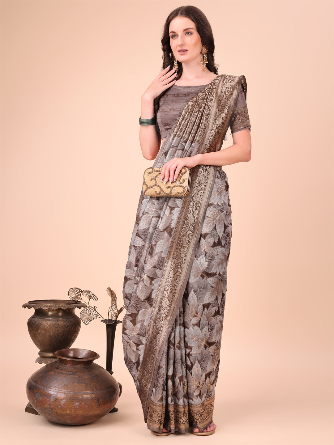 Elegant Brown Cotton Silk Saree with Floral Design & Rich Pallu