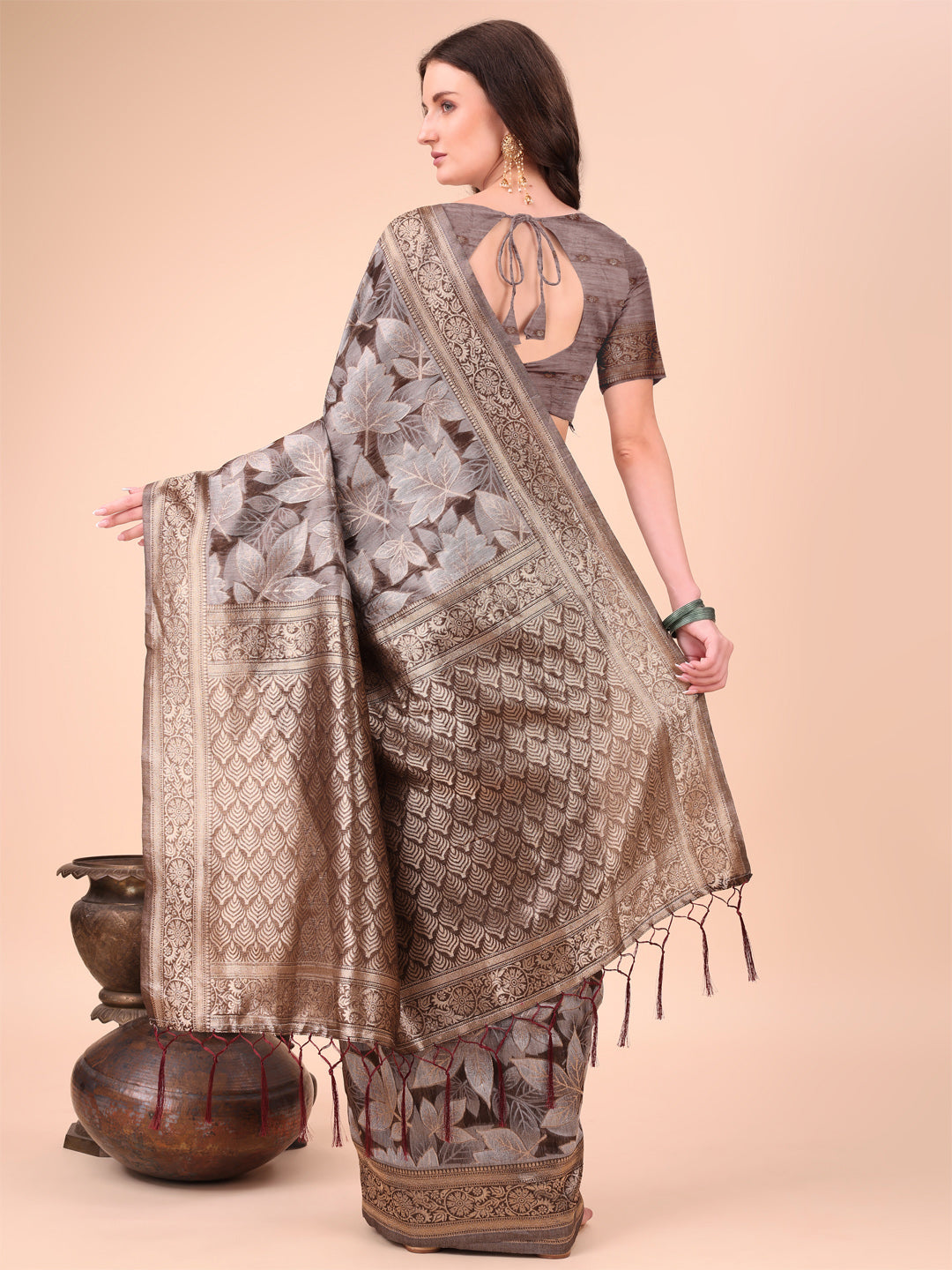 Elegant Brown Cotton Silk Saree with Floral Design & Rich Pallu