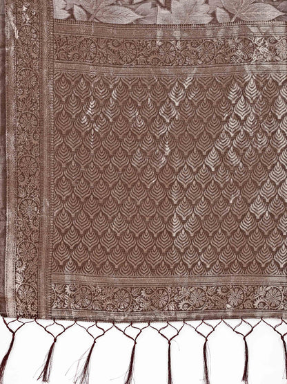 Elegant Brown Cotton Silk Saree with Floral Design & Rich Pallu