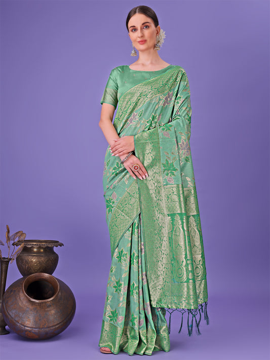 Astita Elegant Green Floral Lichi Silk Saree with Zari Weaving and Rich Pallu – Wedding & Festive Wear Saree