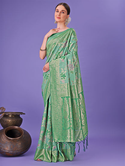 Astita Elegant Green Floral Lichi Silk Saree with Zari Weaving and Rich Pallu – Wedding & Festive Wear Saree