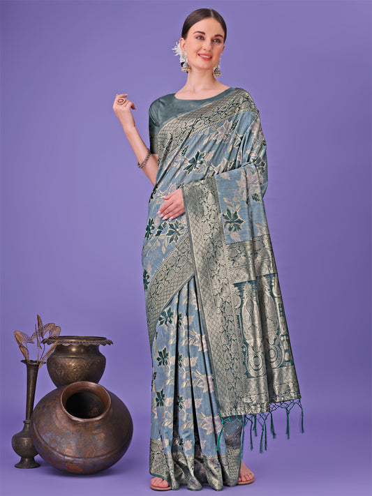 Astita Elegant Teal Floral Lichi Silk Saree with Zari Weaving and Rich Pallu – Wedding & Festive Wear Saree