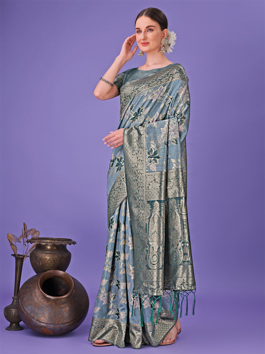 Astita Elegant Teal Floral Lichi Silk Saree with Zari Weaving and Rich Pallu – Wedding & Festive Wear Saree