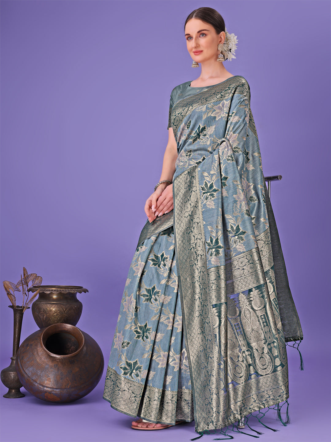 Astita Elegant Teal Floral Lichi Silk Saree with Zari Weaving and Rich Pallu – Wedding & Festive Wear Saree
