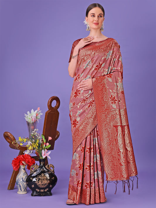 Astita Elegant Red Floral Lichi Silk Saree with Zari Weaving and Rich Pallu – Wedding & Festive Wear Saree