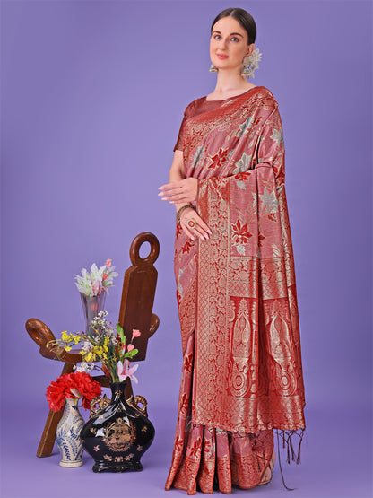 Astita Elegant Red Floral Lichi Silk Saree with Zari Weaving and Rich Pallu – Wedding & Festive Wear Saree