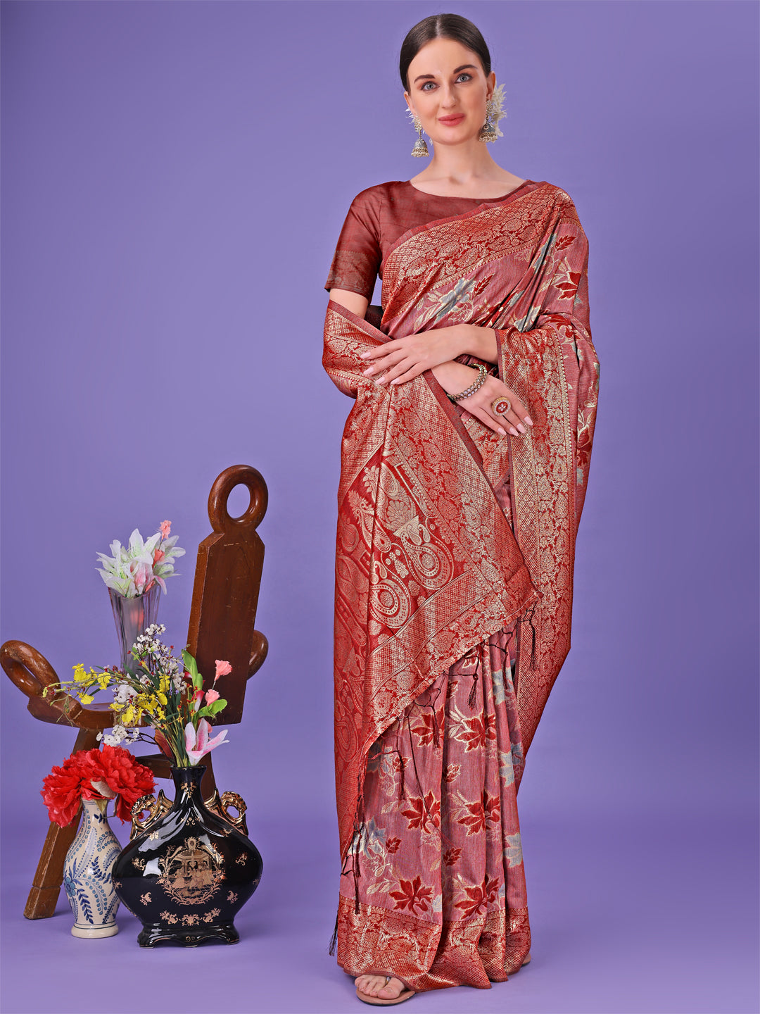 Astita Elegant Red Floral Lichi Silk Saree with Zari Weaving and Rich Pallu – Wedding & Festive Wear Saree