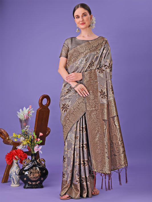 Astita Elegant Grey Floral Lichi Silk Saree with Zari Weaving and Rich Pallu – Wedding & Festive Wear Saree