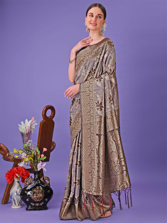 Astita Elegant Grey Floral Lichi Silk Saree with Zari Weaving and Rich Pallu – Wedding & Festive Wear Saree