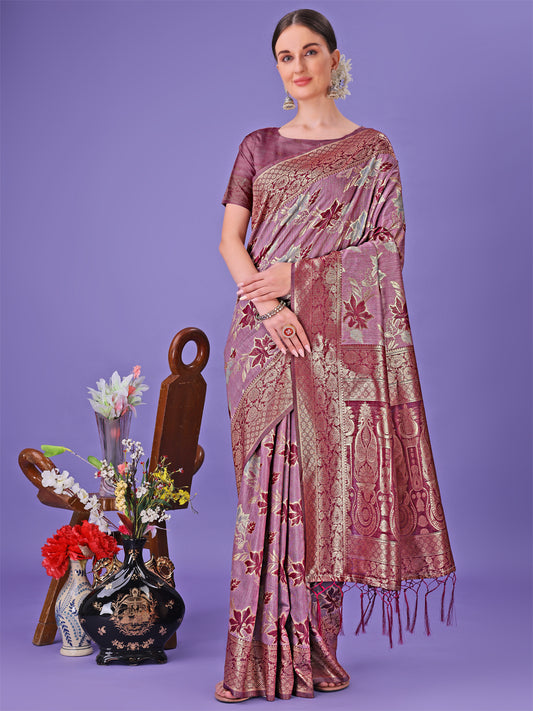 Astita Elegant Purple Floral Lichi Silk Saree with Zari Weaving and Rich Pallu – Wedding & Festive Wear Saree