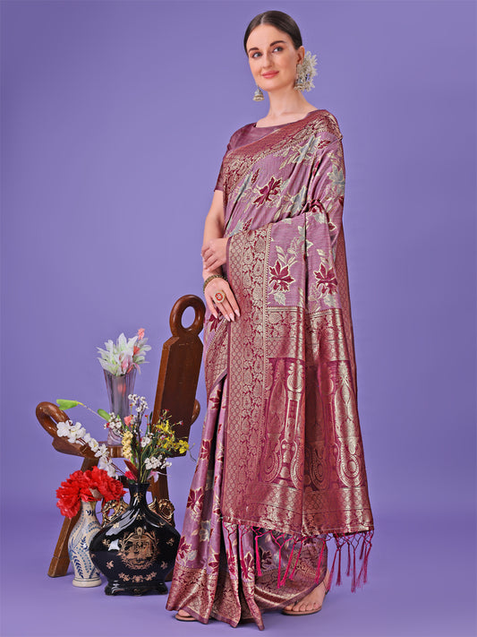 Astita Elegant Purple Floral Lichi Silk Saree with Zari Weaving and Rich Pallu – Wedding & Festive Wear Saree
